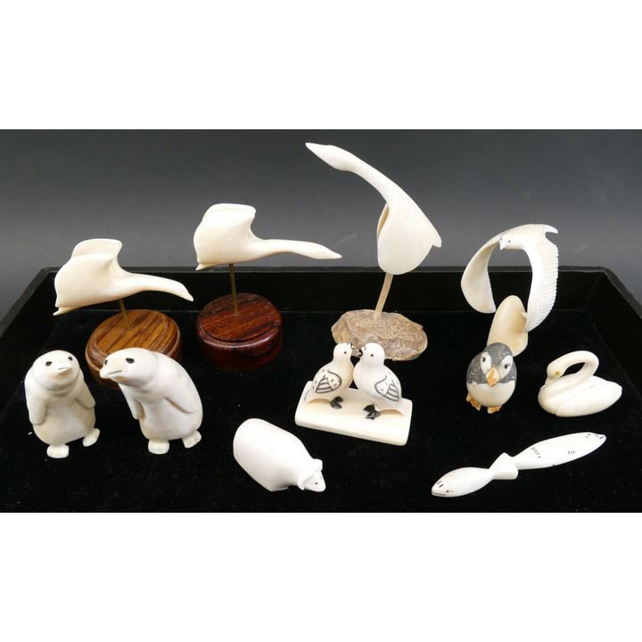 Tray 11pc Inuit Scrimshawed Animal Figures- 2'' to 5''