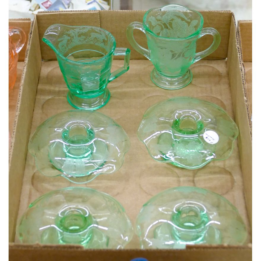 Box 6pc Vintage Floral Etched Green Glassware Candleholder
