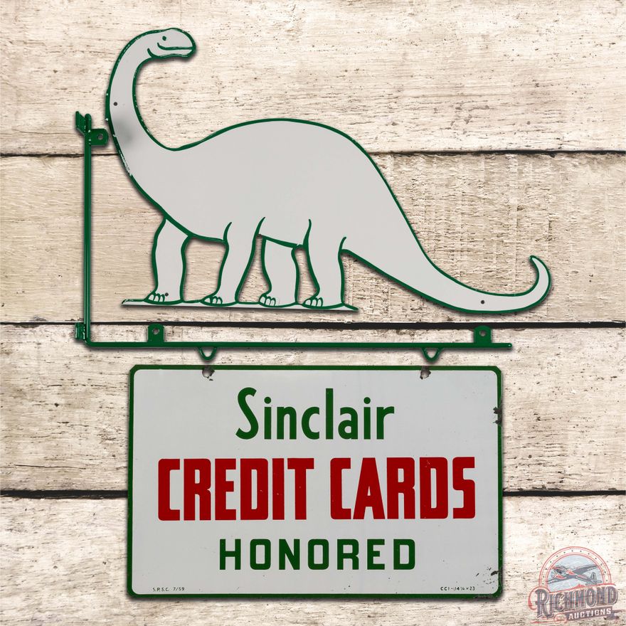 1959 Sinclair Credit Cards Honored Double Sided Porcelain Sign w/ Bracket & Dino Attachment