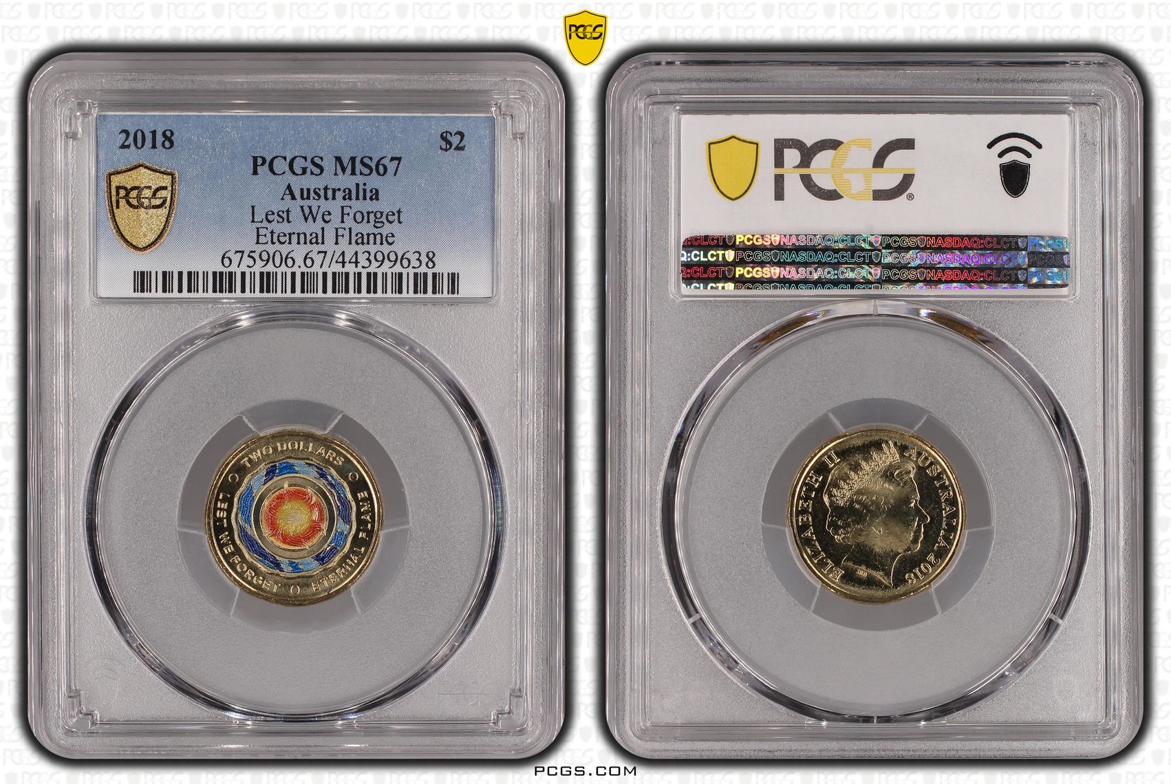 Lest We Forget Eternal Flame Colourised, Two Dollar, 2018, PCGS MS67