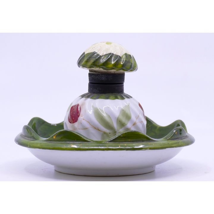 Antique Green Porcelain Inkwell 5'' Wide