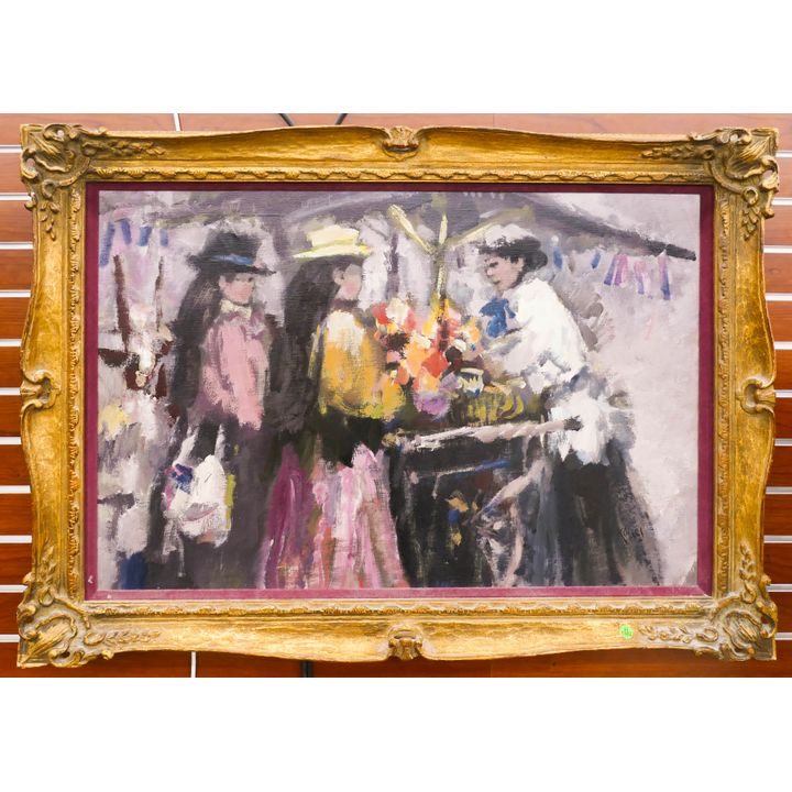 Impressionist Flower Cart Large Oil Painting signed Koral in Ornate Frame- 31x43''