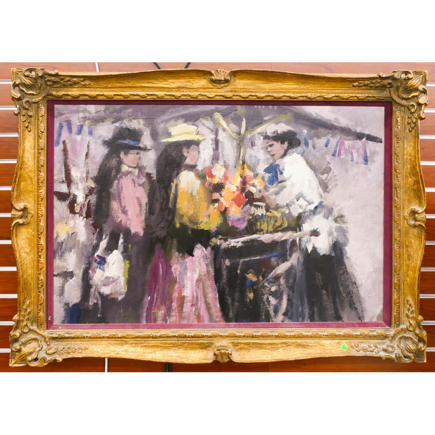 Impressionist Flower Cart Large Oil Painting signed Koral in Ornate Frame- 31x43''