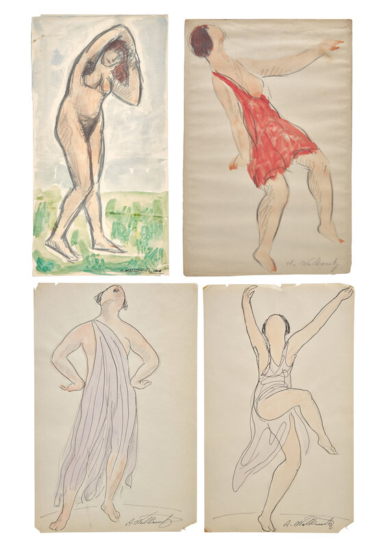 Abraham Walkowitz
(American/Russian, 1878-1965)
Four Works: The Red Dancer; together with Two Sketches of Isadora Duncan, and Nude in a Landscape (Eve), circa 1906 (4)