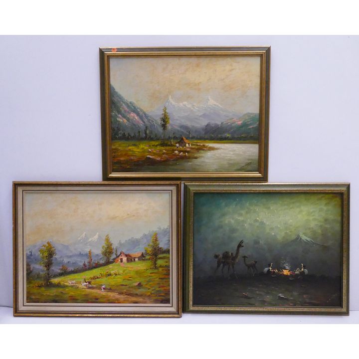 3pc Hector Moncayo (1895-1984 Mexico/Equador) Countryside Landscapes with Llamas & Sheep Oil Paintings Framed