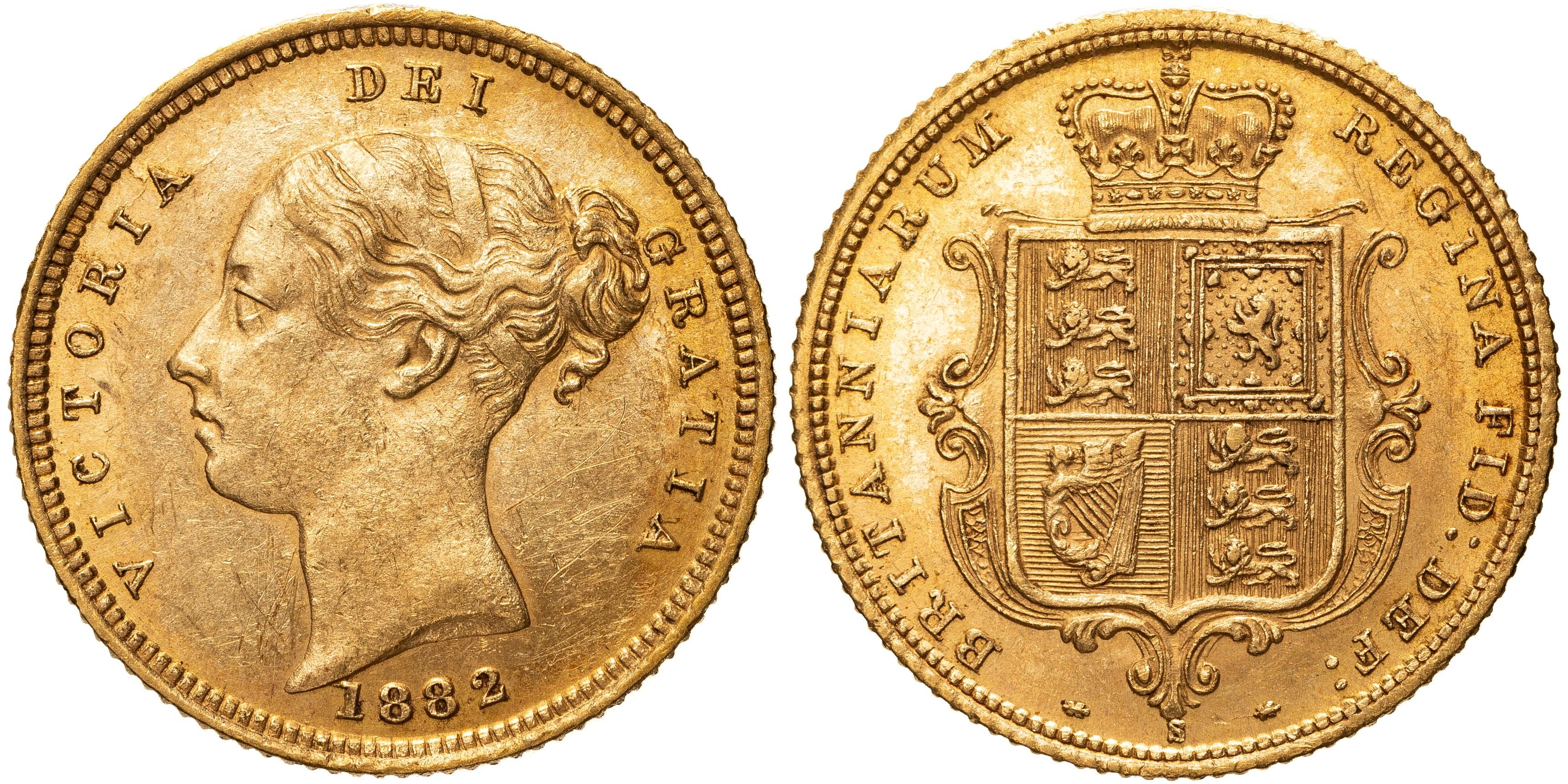 Victoria, Shield Reverse - Young Head, Half Sovereign, 1882-S, UNC