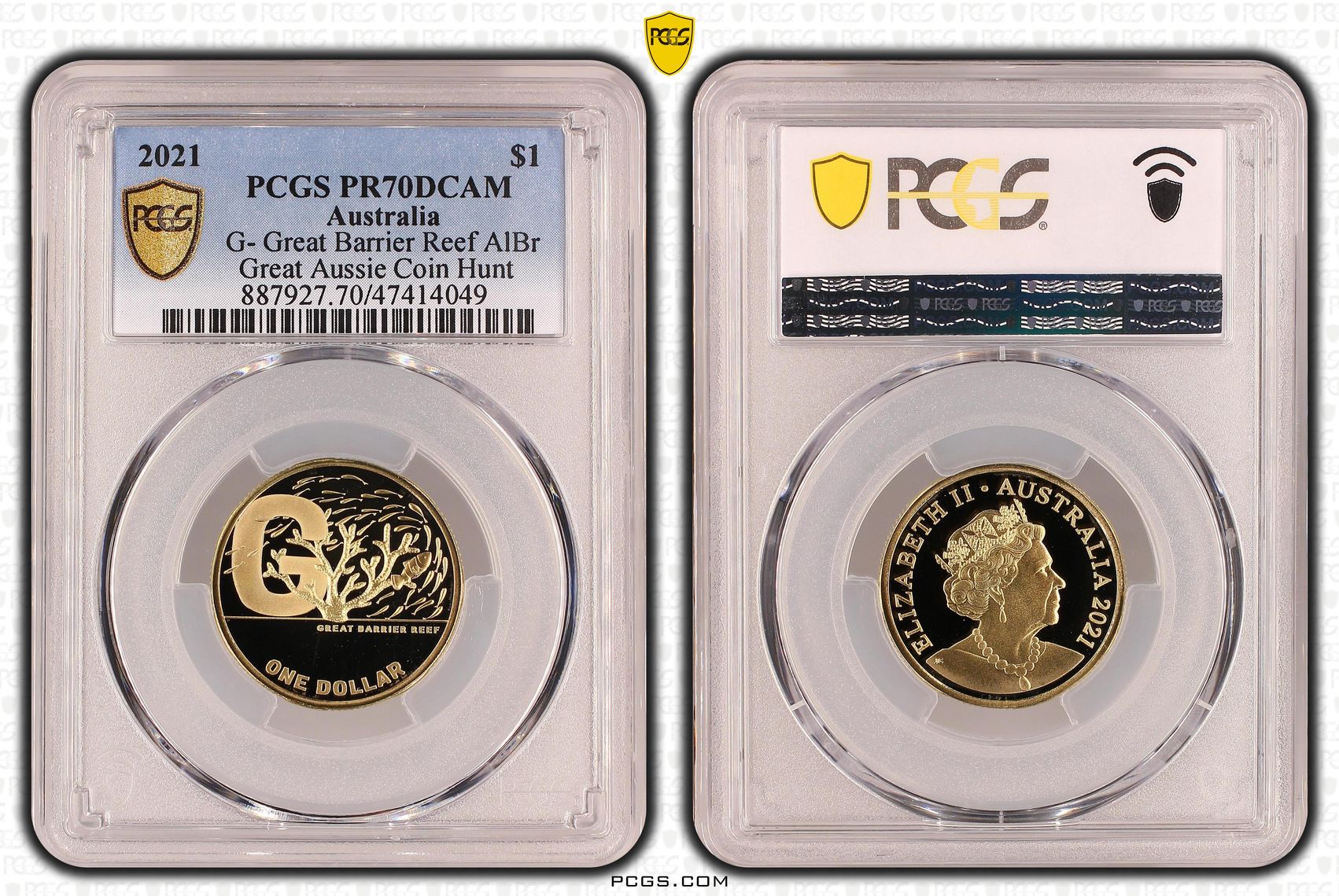 Elizabeth II, G- Great Barrier Reef AlBr, Pop 20/0, One Dollar, 2021, PCGS PR70DCAM