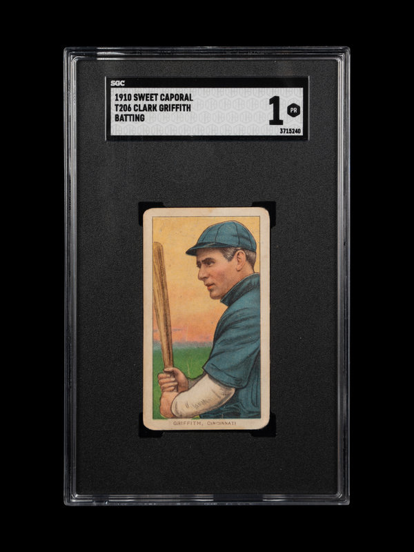 A 1910 T206 Sweet Caporal  Clark Griffith Batting Baseball Card (SGC 1)