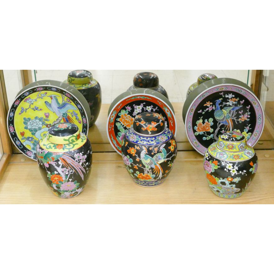 Shelf 6pc Japanese Deco Porcelain Jars and Plates 6'' to 9''