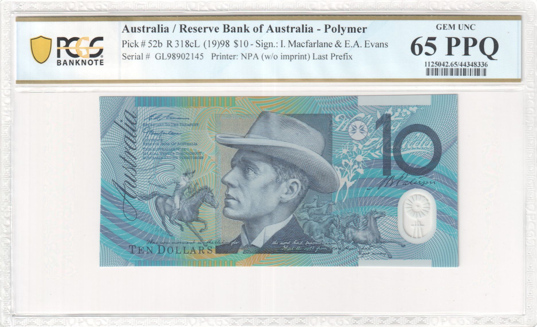 1998 $10 Macfarlane/Evans Gem Unc 65 PPQ Last Prefix