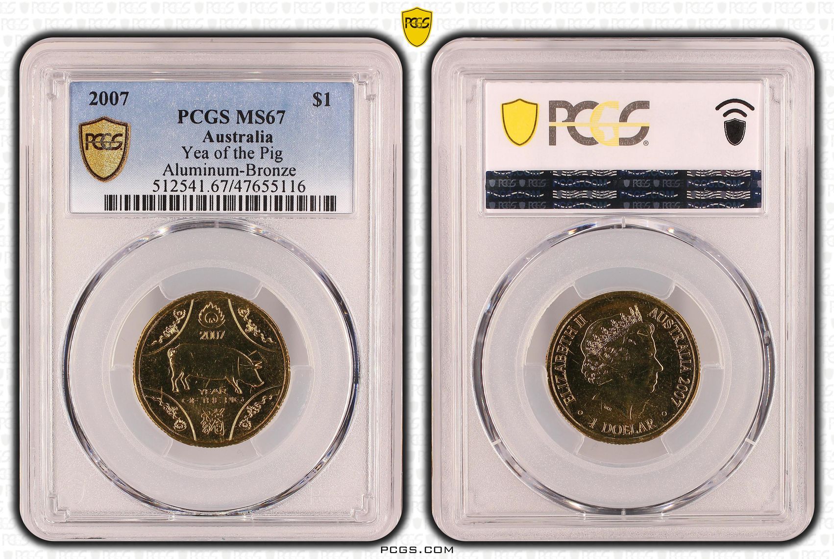 Elizabeth II, Yea of the Pig - Aluminum-Bronze, One Dollar, 2007, PCGS MS67