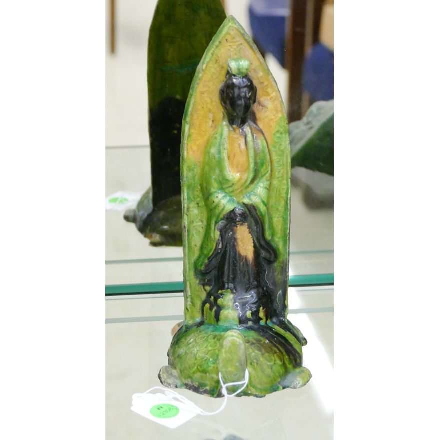 Old Chinese Sancai Shiwan Guanyin Riding Turtle Figure 10''