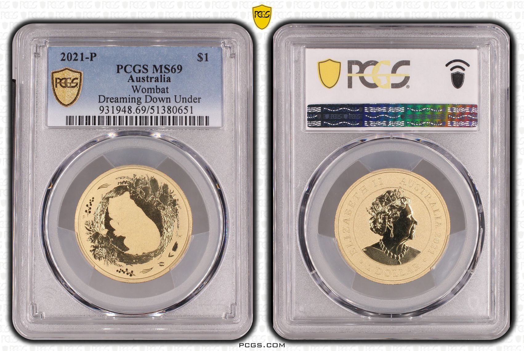 Wombat Dreaming Down Under, One Dollar, 2021-P, PCGS MS69