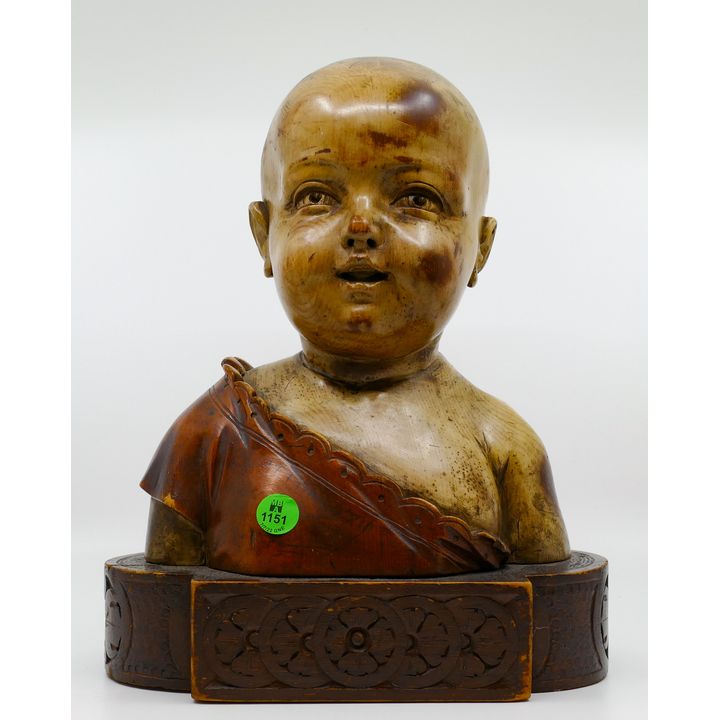Old Spanish Alfonso XIII Carved Wood Child Bust 12''