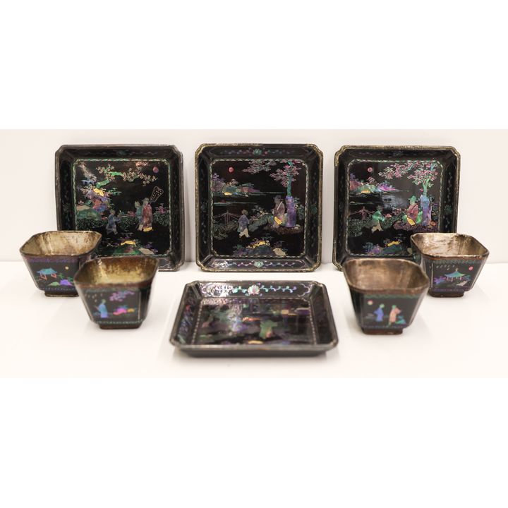 8pc Chinese Lac Burgaute Silver Wine Cups and Tray
