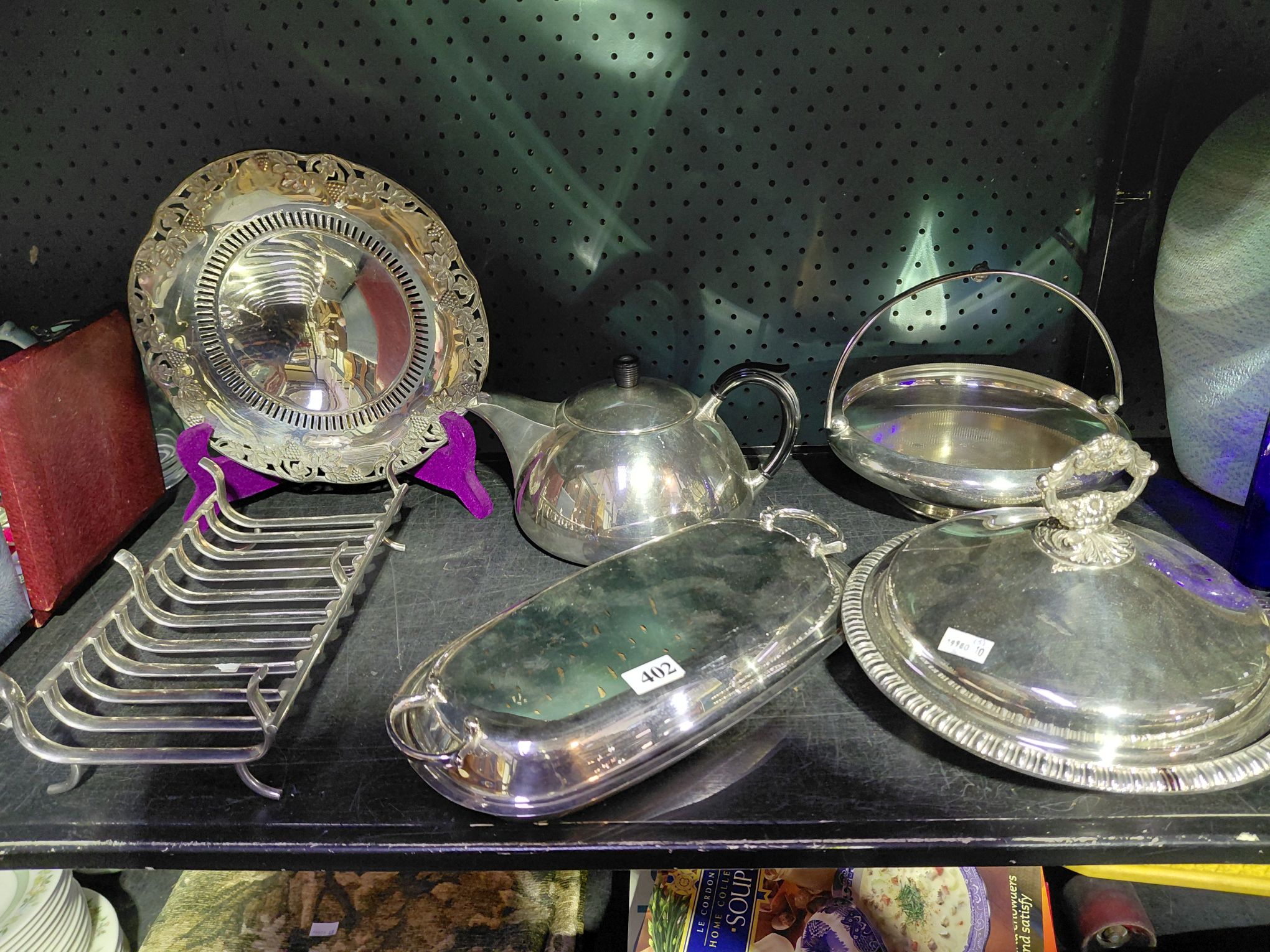 402 · SILVERPLATED TUREEN AND MODERN STYLE TEAPOT