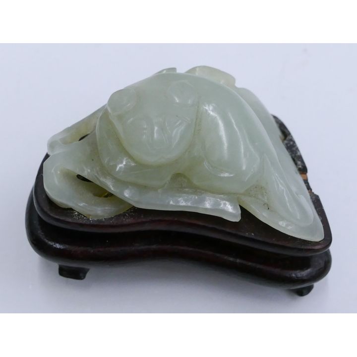 Chinese Qing Jade Lion on Leaf with Stand