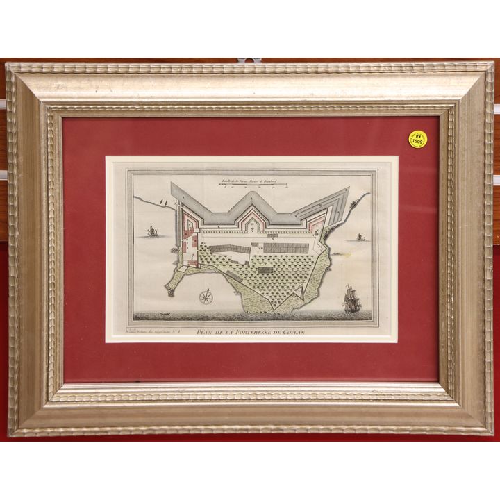 Antique French Fortress Plan Engraving Framed 16''x20''