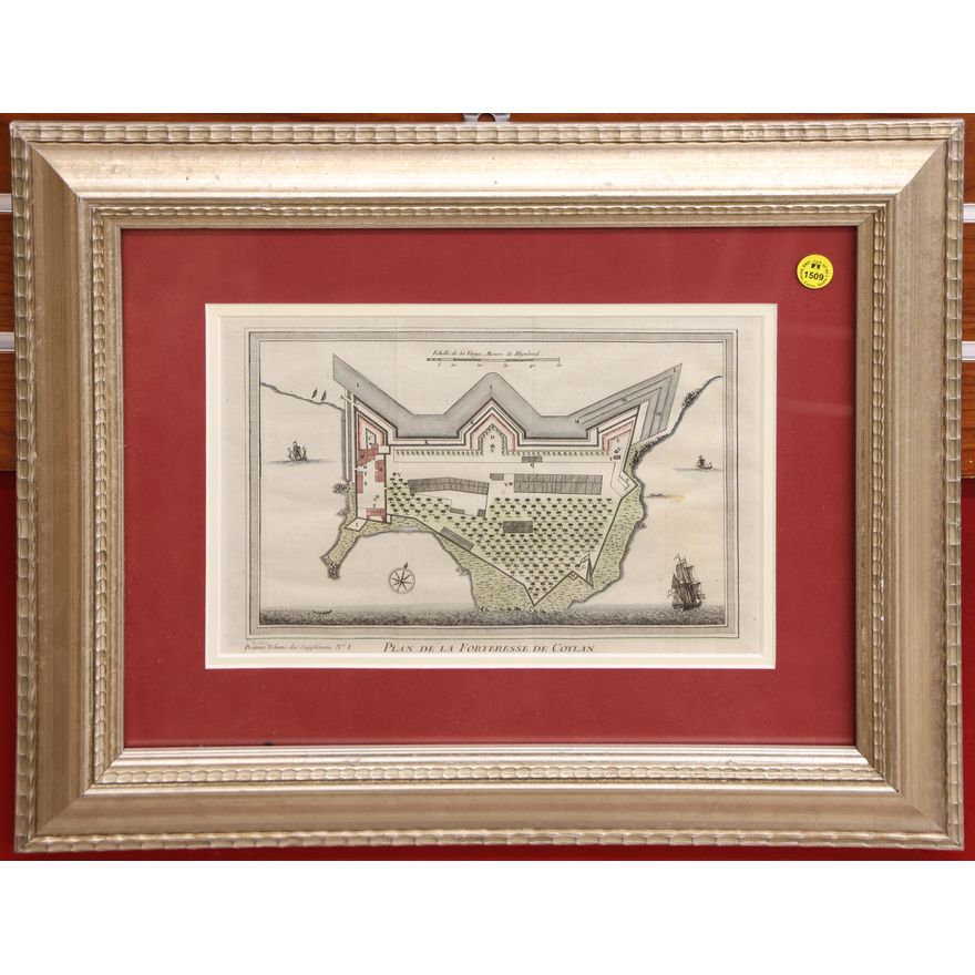 Antique French Fortress Plan Engraving Framed 16''x20''