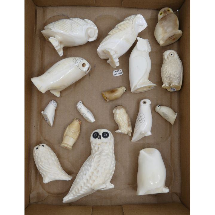 16pc Inuit Owl Carvings Largest 4''