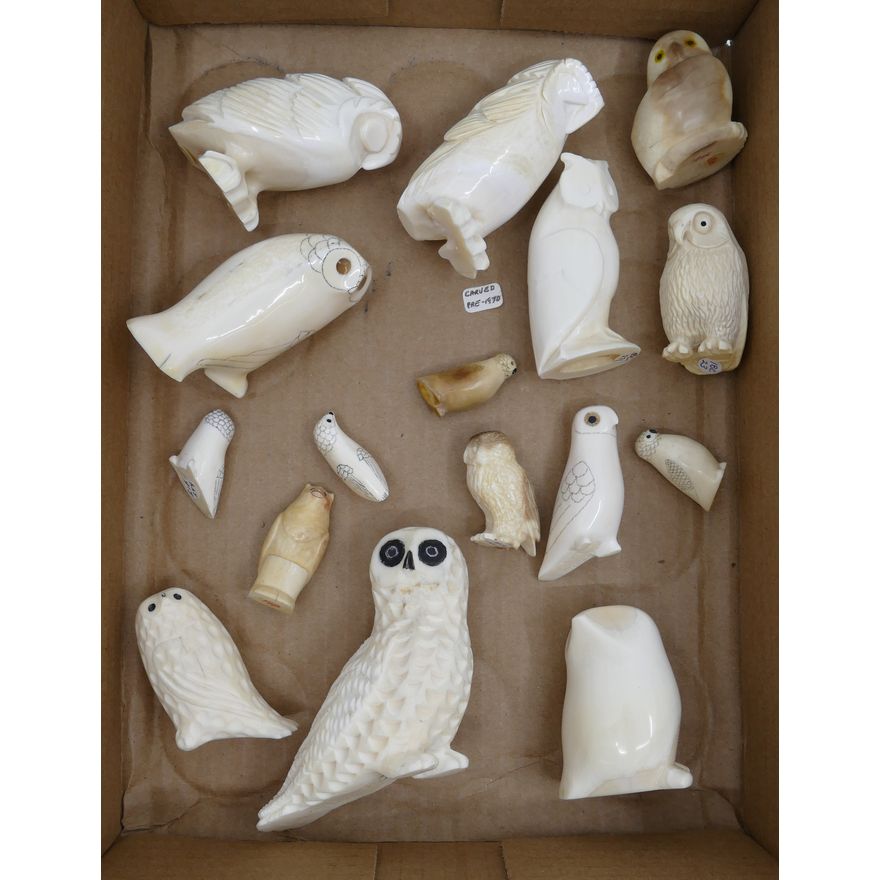 16pc Inuit Owl Carvings Largest 4''