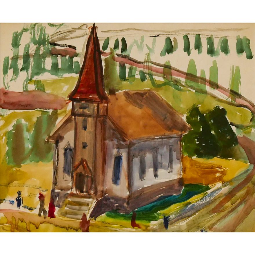 Henry Wentz ''Church Scene'' Watercolor Matted 15''x17'' - Unsigned