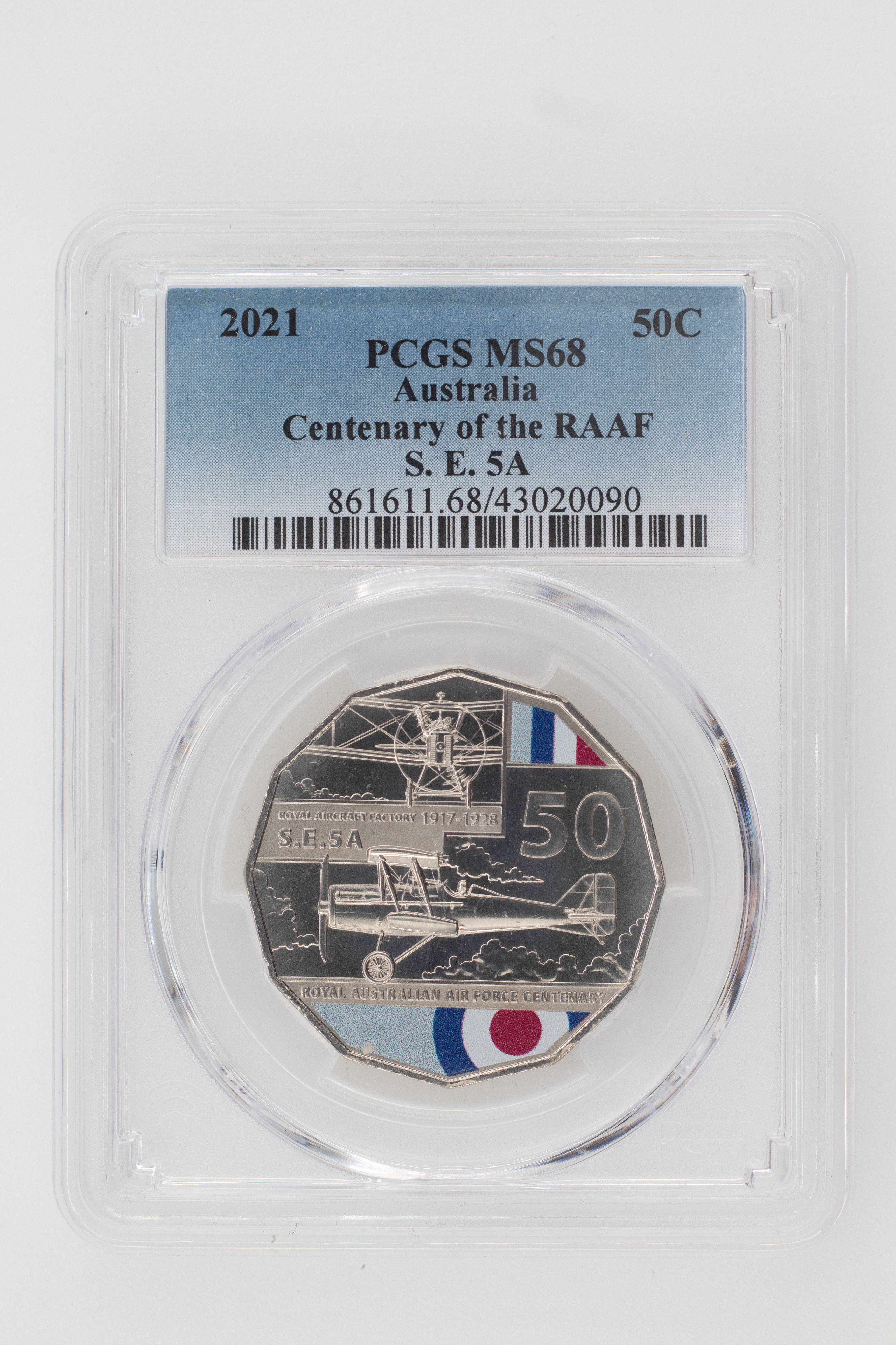 2021 Australia Fifty Cent, 50c Centenary of the RAAF S.E.5A PCGS - MS68 -090