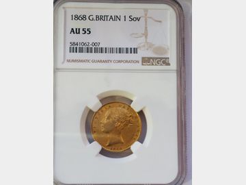 1868 Queen Victoria Young Head London Mint Shield Gold Sovereign NGC AU55