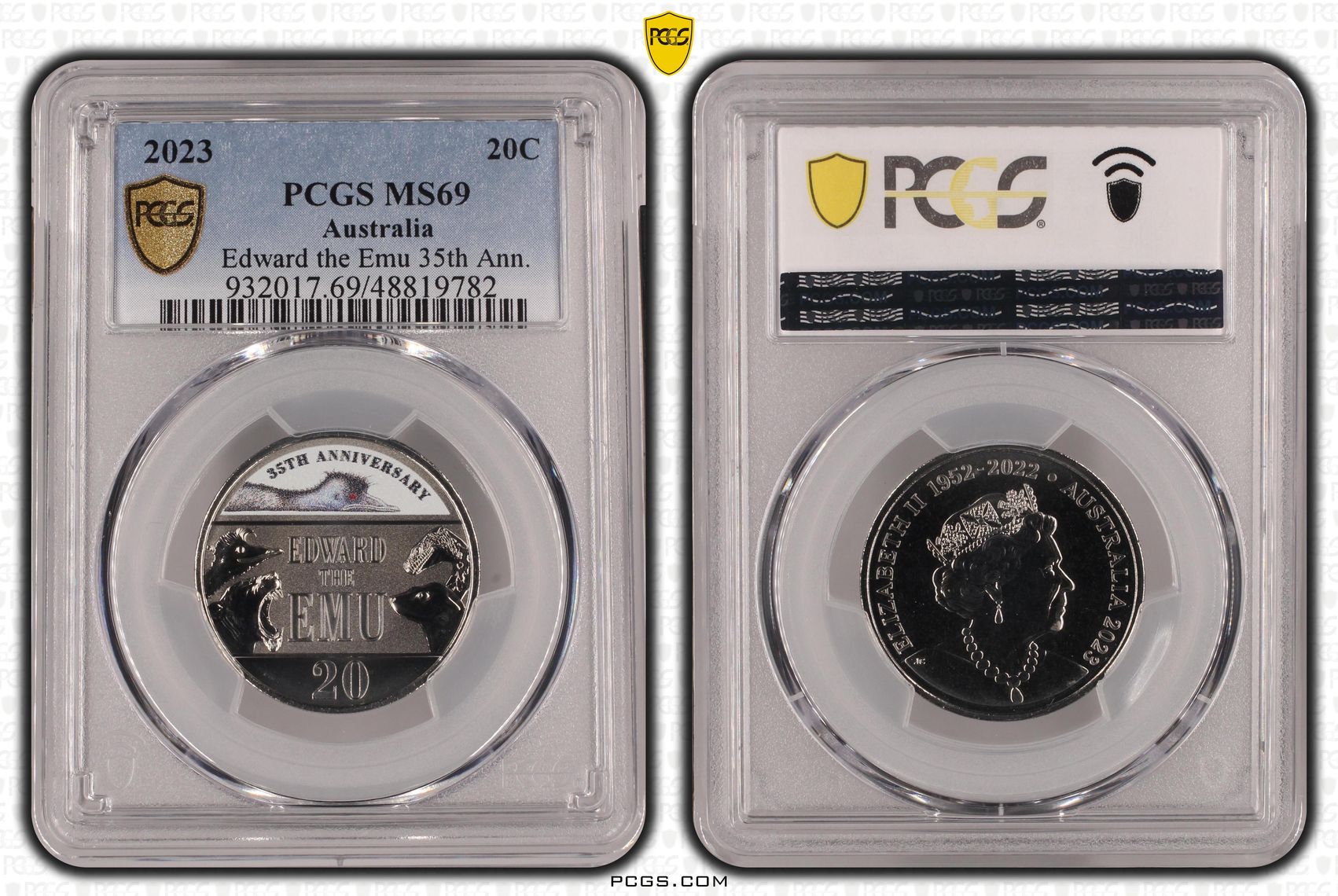 Edward the Emu 35th Ann., Twenty Cent, 2023, PCGS MS69