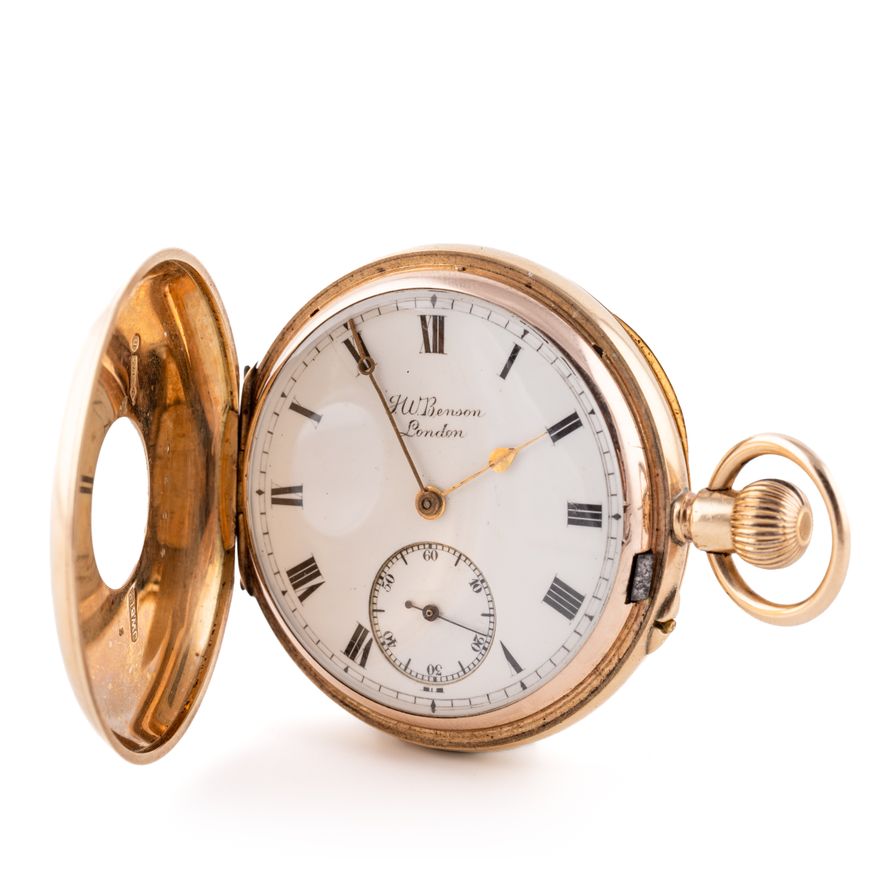 9K Yellow Gold Vintage JW Benson Half-hunter Style Pocket Watch, 1923
