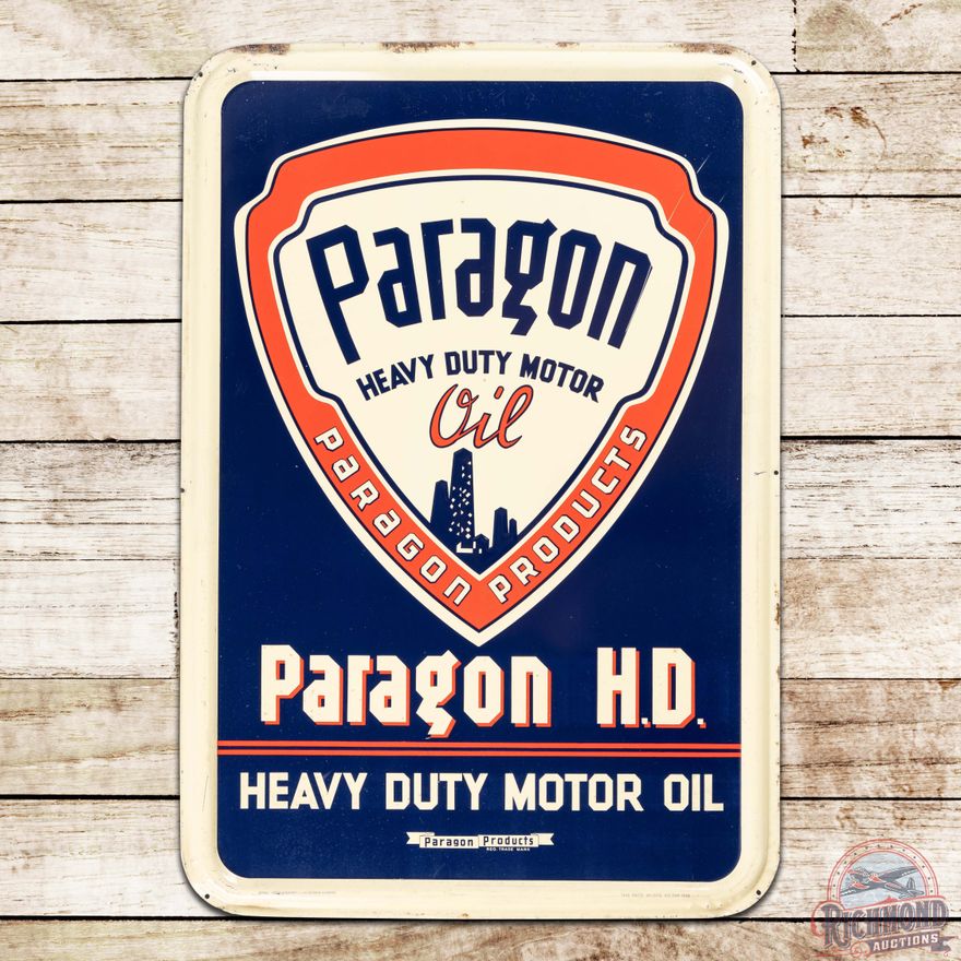 Paragon Heavy Duty Motor Oil Emb. Single Sided Tin Sign w/ Logo