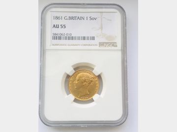 1861 Queen Victoria Young Head London Mint Shield Gold Sovereign. NGC AU55