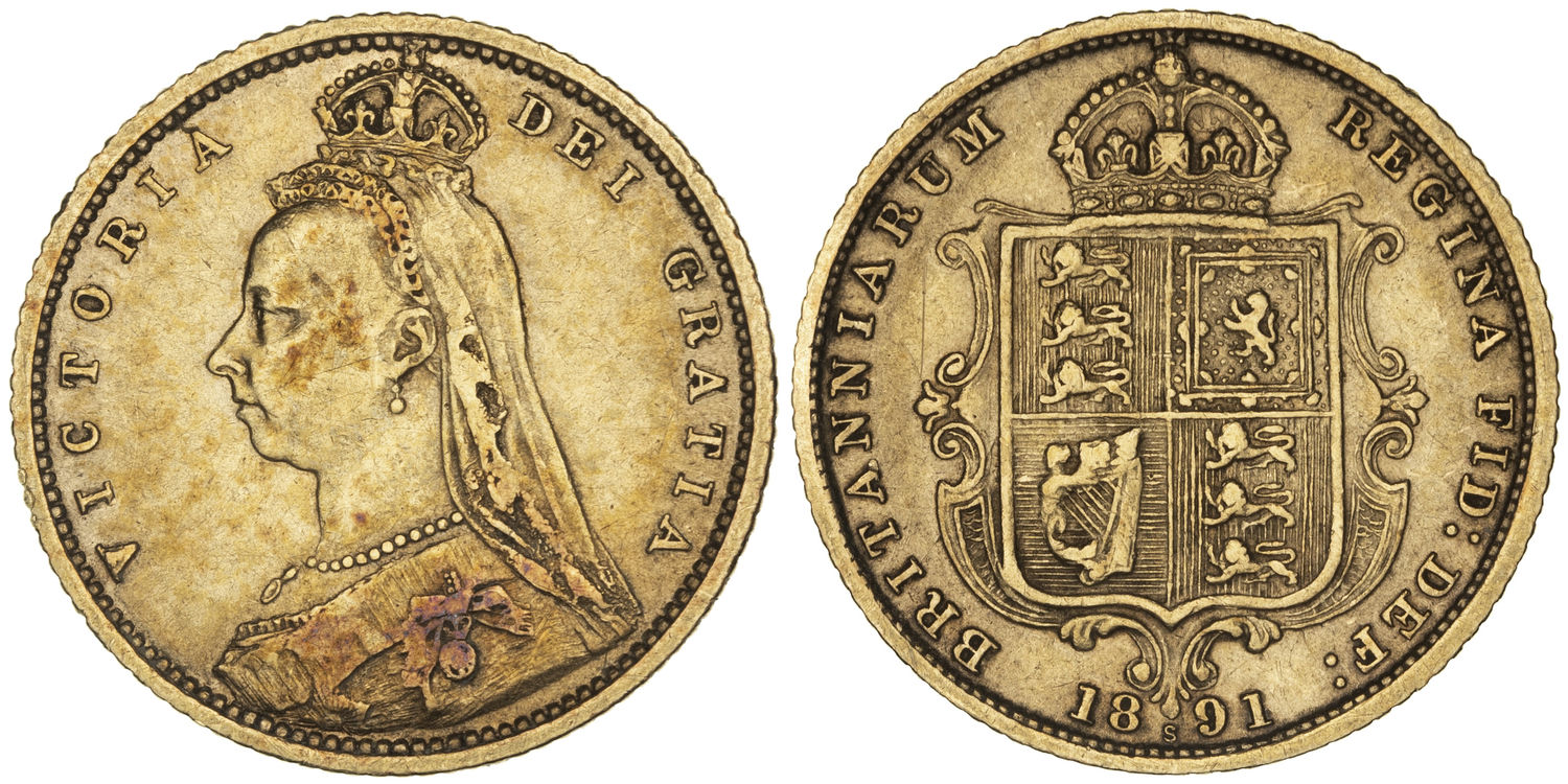 Victoria, Shield Reverse, Half Sovereign, 1891-S, aVF
