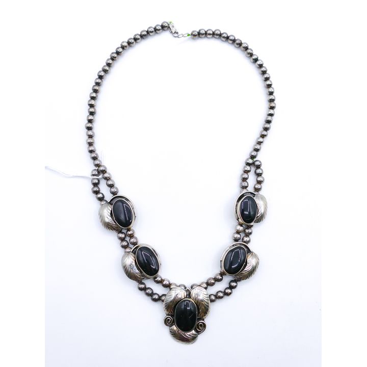 Mexican Sterling Onyx Squash Blossom Necklace 20'' - 91 Grams