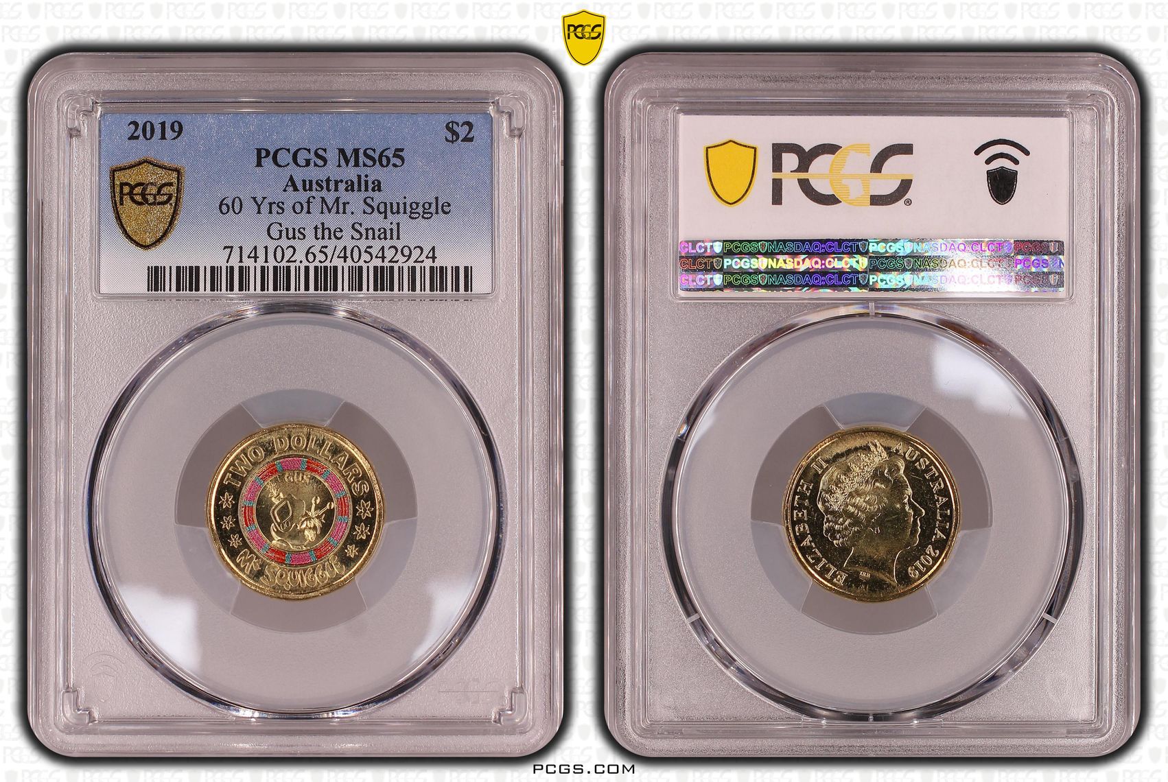 60 Yrs of Mr. Squiggle - Gus the Snail Colorized, Two Dollar, 2019, PCGS MS65
