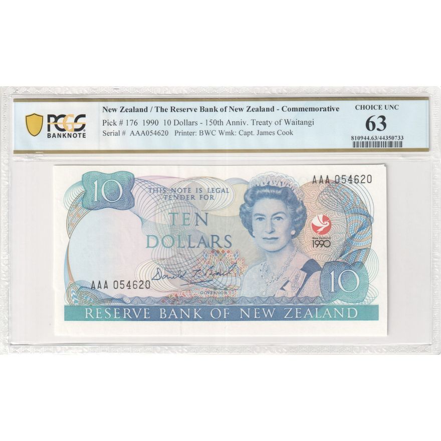 New Zealand, Reserve Bank of New Zealand, 150th Anniv. Treaty of Waitangi, Wmk: Capt. James Cook, Ten Dollar, 1990, PCGS - Choice UNC 63
