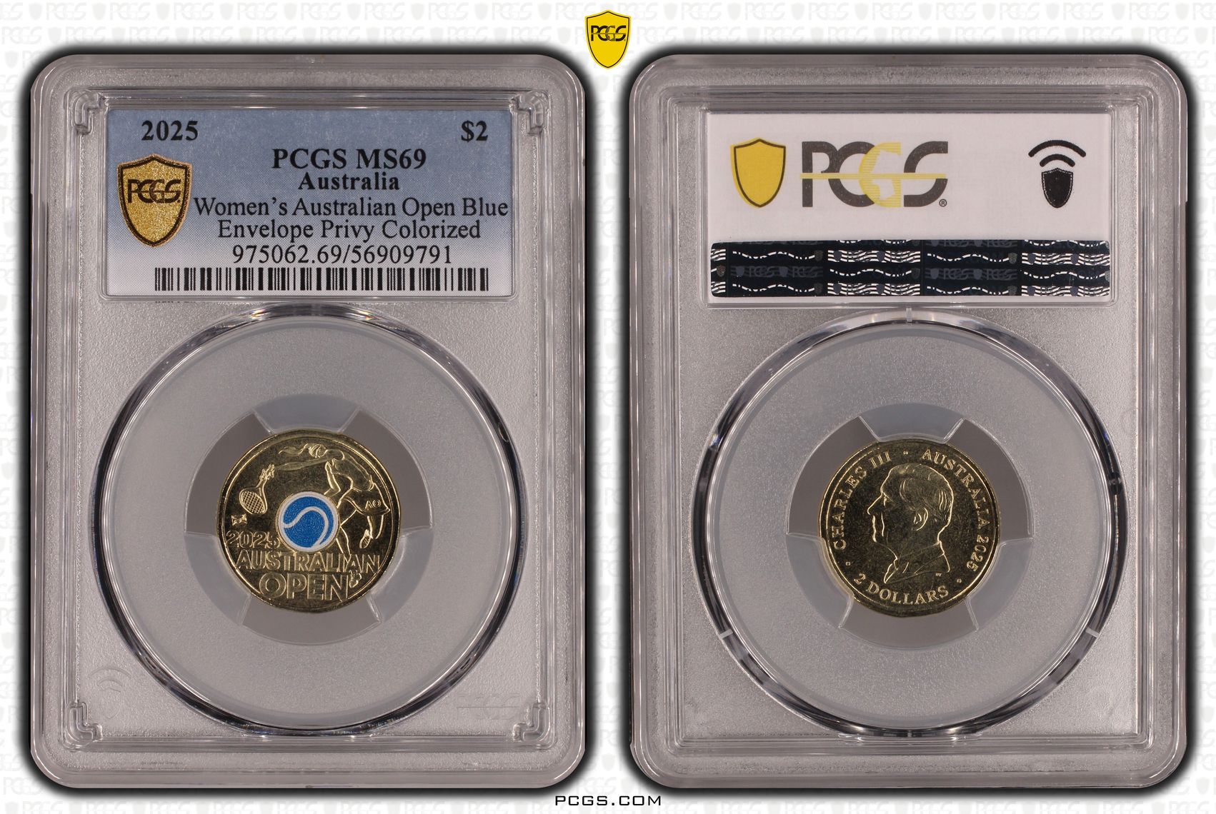 Women's Australian Open Blue Envelope Privy Colourised, Two Dollar, 2025, PCGS MS69