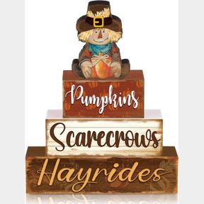 4 PCS FALL THANKSGIVING DECOR FOR HOME SCARECROW TURKEY PUMPKIN WOODEN SIGNS WITH SAYING THANKSGIVING FALL TIERED TRAY DECOR HELLO