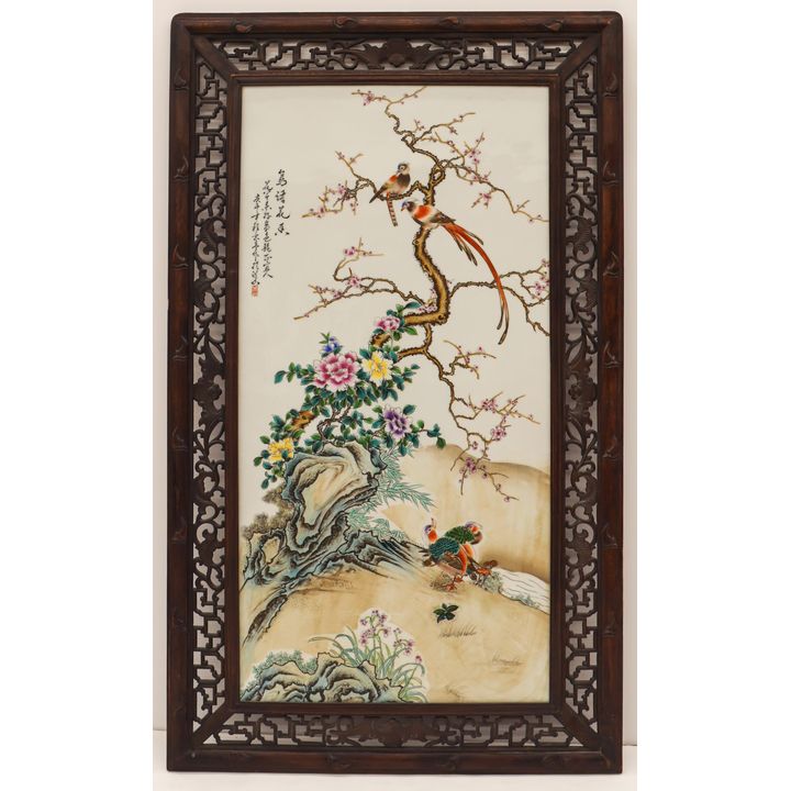 Chinese Large Porcelain Bird Plaque Rosewood Frame