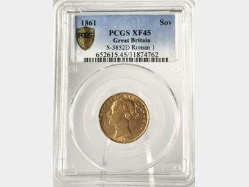 RARITY 2 - 1861 VICTORIA ROMAN I SHIELD GOLD SOVEREIGN XF45