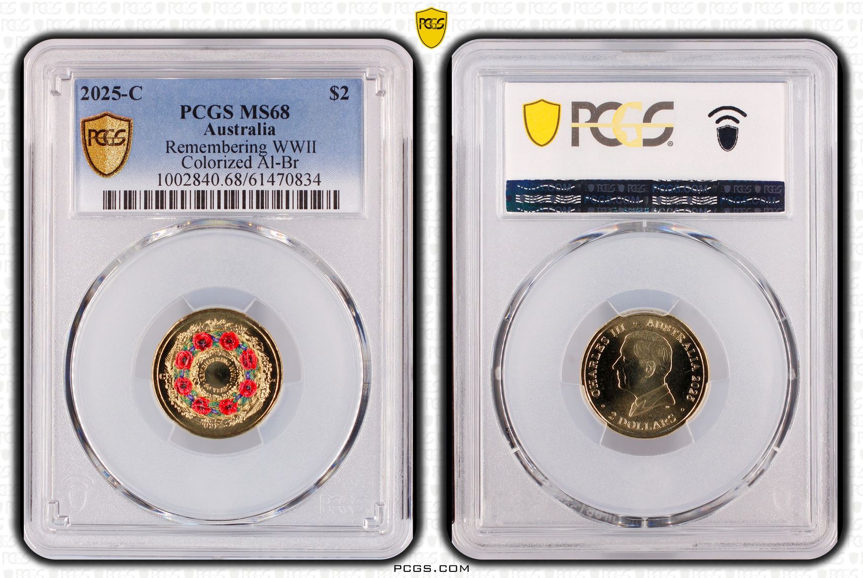Remembering WWII Colourised AlBr, Two Dollar, 2025-C, PCGS MS68