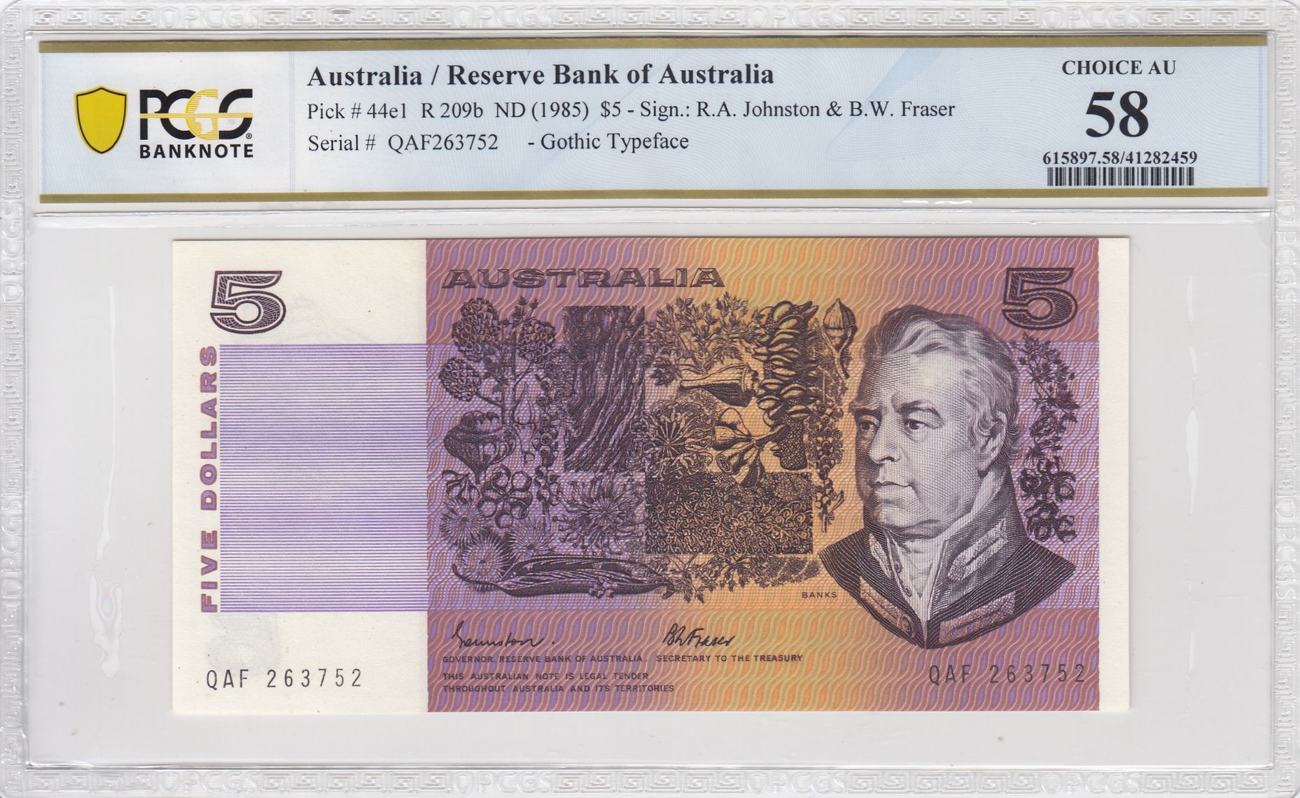 1985 Australia $5 Banknote Johnston/Fraser Choice AU 58 PCGS