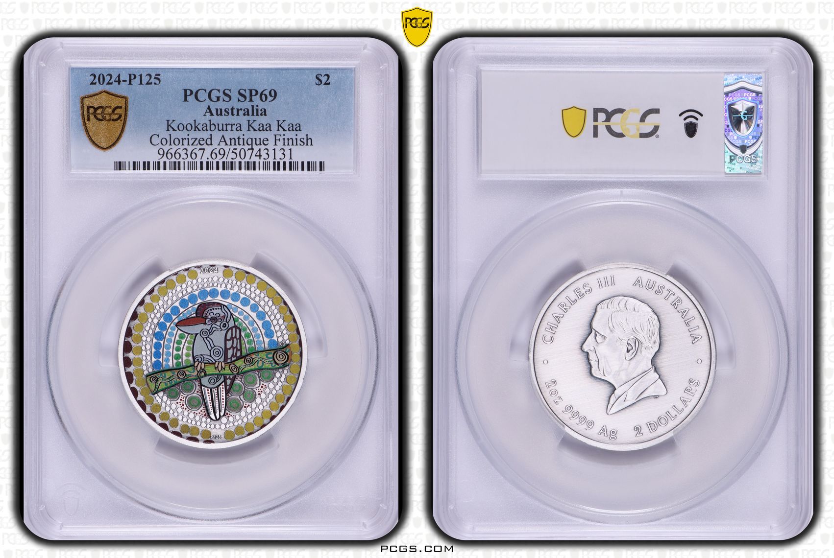 Kookaburra Kaa Kaa 2oz Ag Colorized Antique Finish, Two Dollar, 2024, PCGS SP69