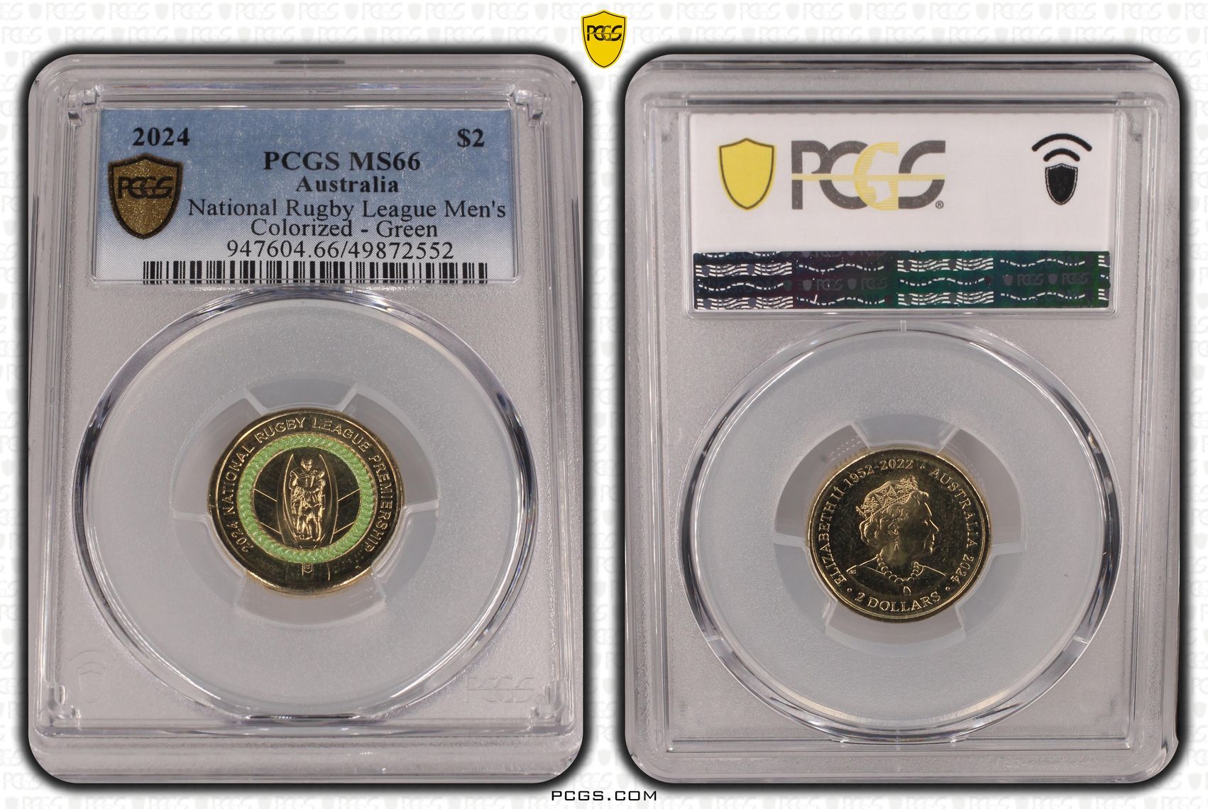 Elizabeth II, National Rugby League Men's Colorized - Green , Two Dollar, 2024, PCGS MS66