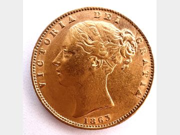 1863 VICTORIA YOUNG HEAD LONDON MINT SHIELD GOLD SOVEREIGN