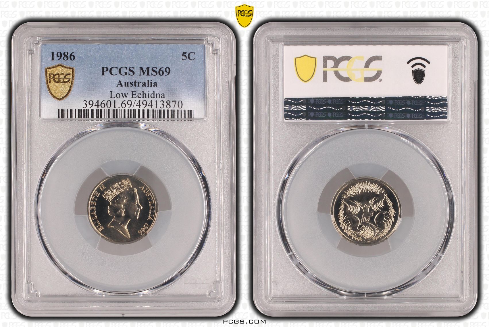 Elizabeth II, Low Echidna POP 19/0, Five Cent, 1986, PCGS MS69