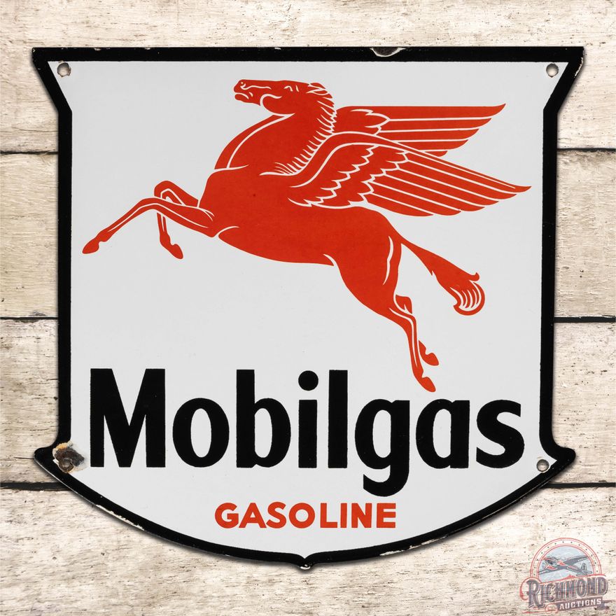 Mobilgas Gasoline Single Sided Porcelain Die Cut Pump Plate Sign w/ Pegasus "West Coast"