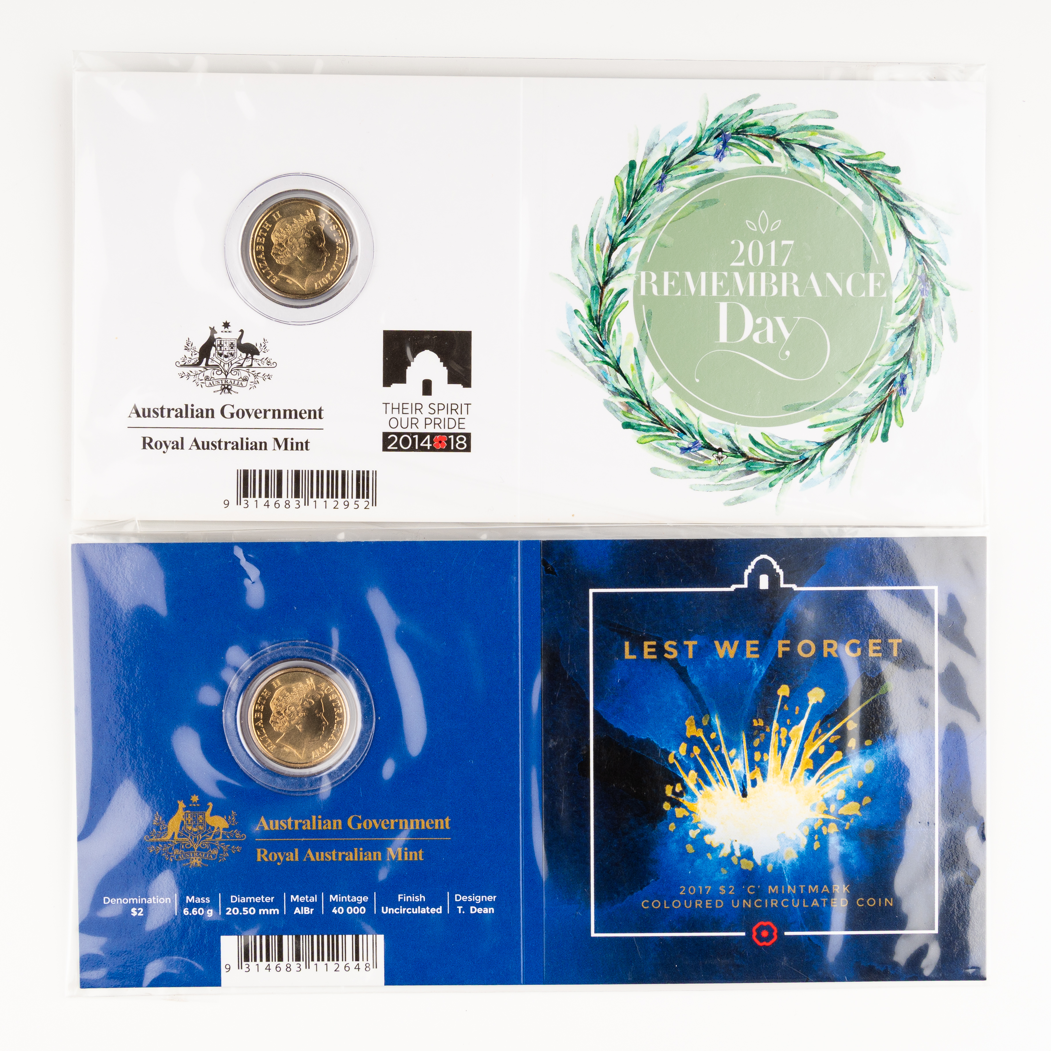 91 · Elizabeth II, Remembrance Day & Lest We Forget, Two Dollars, 2017-C,  UNC