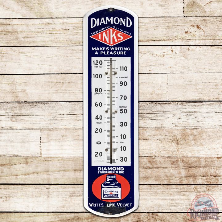 Diamond Inks "Makes Writing a Pleasure" SS Porcelain Thermometer Sign w/ Logo