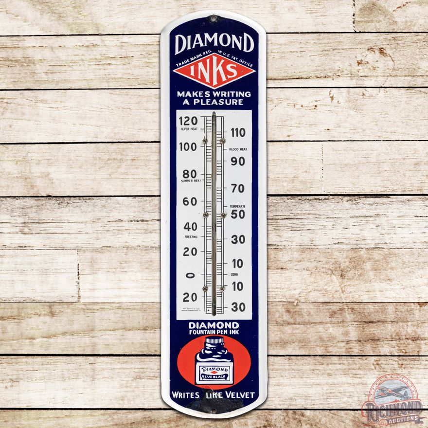 Diamond Inks "Makes Writing a Pleasure" SS Porcelain Thermometer Sign w/ Logo